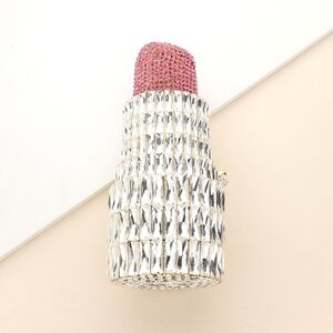 Silver Pink Clutch Lipstick Rhinestone Crystal Purse Bling Evening Shoulder Bag
